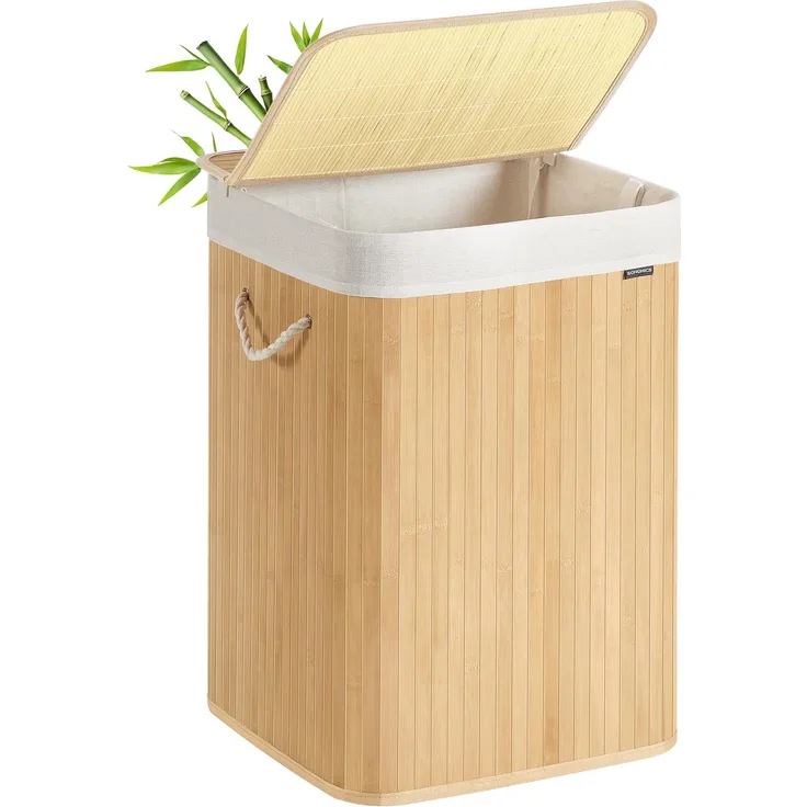 SONGMICS Wäschekorb, 95 L Wäschesammler mit Deckel, Wäschebox Bambus, mit Griffen, faltbar, Wäschesack herausnehmbar maschinenwaschbar, Waschküche, naturfarben LCB060Y01
