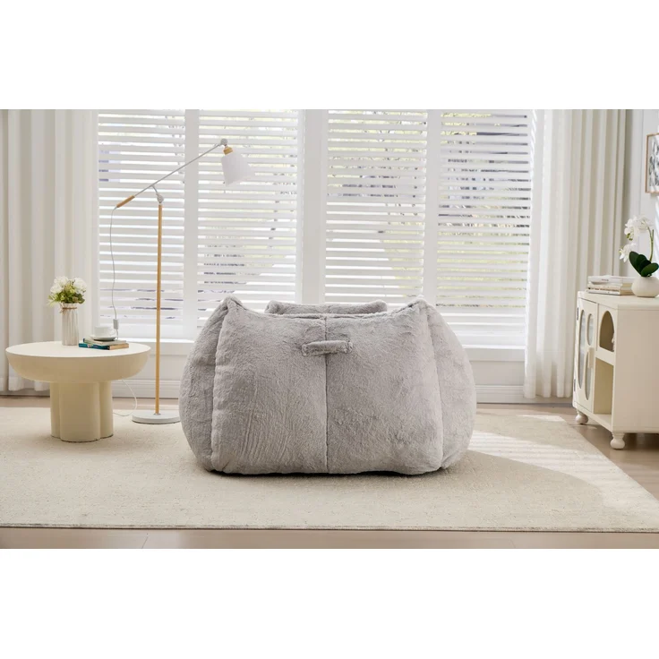 Großer Sitzsack-Sessel mit Kunstfellbezug und Kissen, weicher Loungesitz mit Schaumstoffflocken ohne Montage für Wohnzimmer, Grau – Bild 25