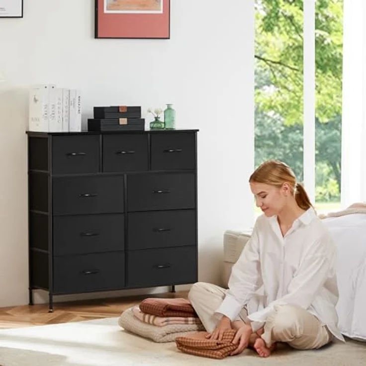 Sweetcrispy Kommode für Schlafzimmer, breite Schublade Kommode, 9 Stoffschubladen mit Griffen, Schubladen aus Stoff, Schrank, TV Stand für Schlafzimmer, Schrank, Wohnzimmer, Kinderzimmer – Bild 3