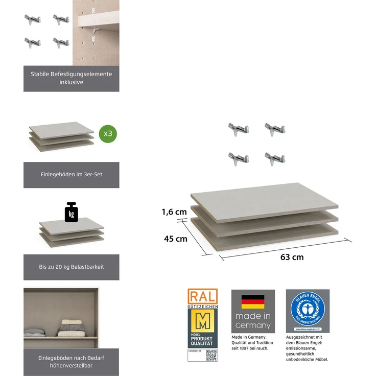 rauch Zubehör, Einlegeböden 3er-Set, für Schwebetürenschränke von rauch mit einer Elementbreite von 65,5 cm und einer Schranktiefe von 59 cm – Bild 3