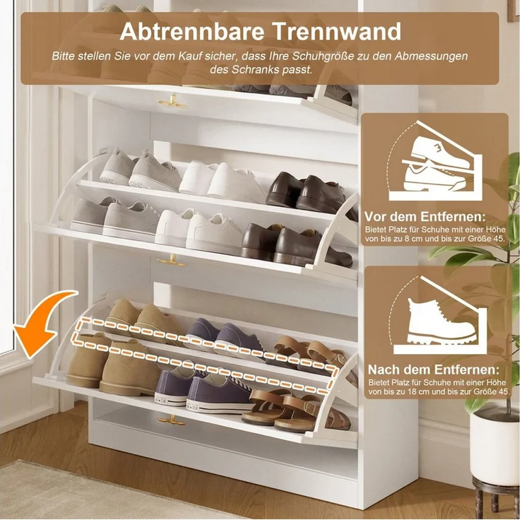i@home Schuhkipper Schmal mit Tür, Schuhschrank mit 3 Klappen, Schuhregal Flur freistehend, Schuhablage Schrank, 80 x 24 x 178,5, Weiß – Bild 3