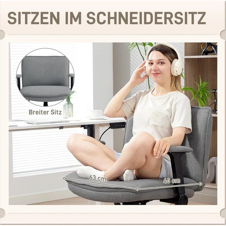 HOMCOM Bürostuhl Schreibtischstuhl, höhenverstellbar (Drehstuhl, 1 St), für Schlafzimmer, Arbeitszimmer, Grau – Bild 3