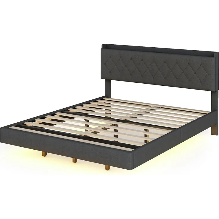 Polsterbett in schwebender Optik, Doppelbett mit Stauraum, Lattenrost und LED-Beleuchtung, 160x200 cm, Leinenbezug – Bild 3