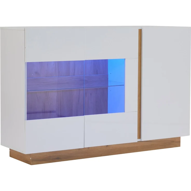 DESVIAE Sideboard mit LED-Beleuchtung und 3 Türen, 138x90,5x38,5 cm, Spanplatte und Glas, Weiß – Bild 8
