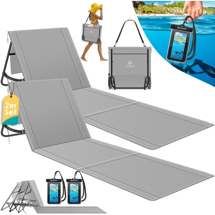 KESSER® Strandmatte klappbar mit verstellbarer Rückenlehne, Strandliege faltbar mit Tragegurt, wasserdichter Handyhülle & Aufbewahrungstasche, Sonnenliege für Strand Garten Terrasse, Liegematte 130Kg Grau, 2er Set / 50W – Bild 1