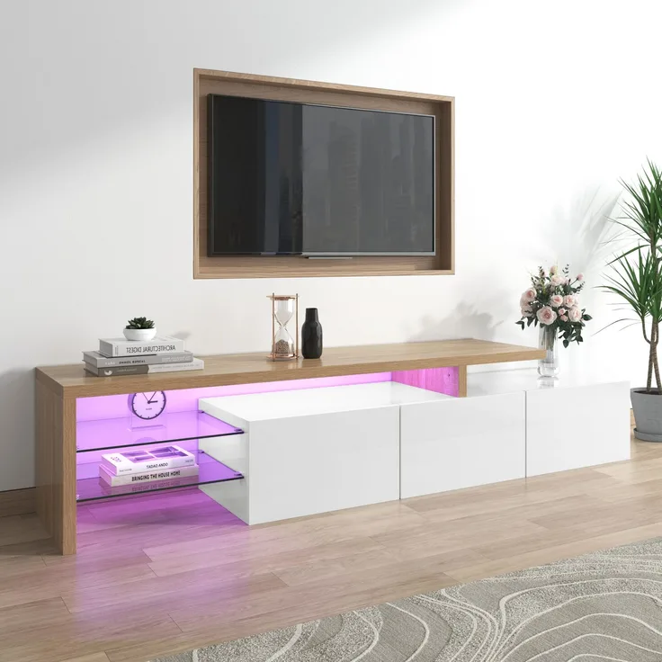 TV-Schrank 197,5 cm Weiß Hochglanz Holzoptik mit LED Beleuchtung, Lowboard mit Stauraum und Glasböden