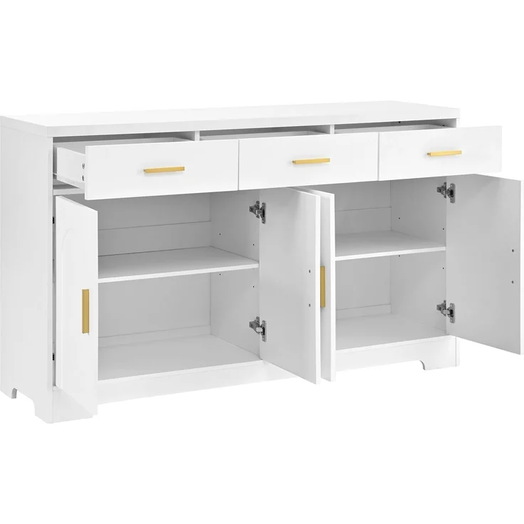 Merax Wohnzimmerschrank, Weiß Sideboard mit vier bogenförmigen Türen, 3 Schubladen, höhenverstellbare Einlegeböden, Korpus aus MDF, goldene Metallgriffe – Bild 8