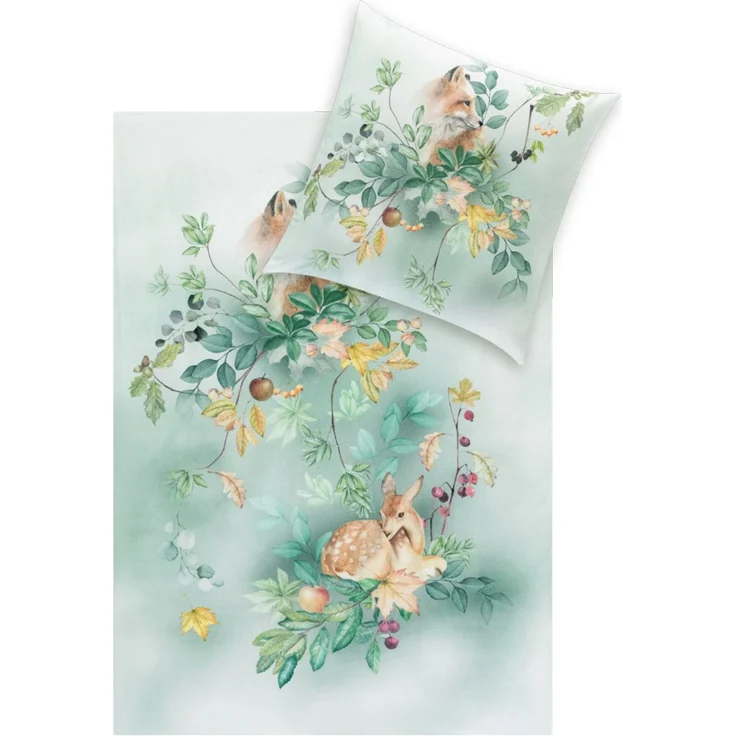 Estella Kuschel Flanell Bettwäsche 135x200 Ferdinand grün Fuchs Reh 4468-530 – Bild 2