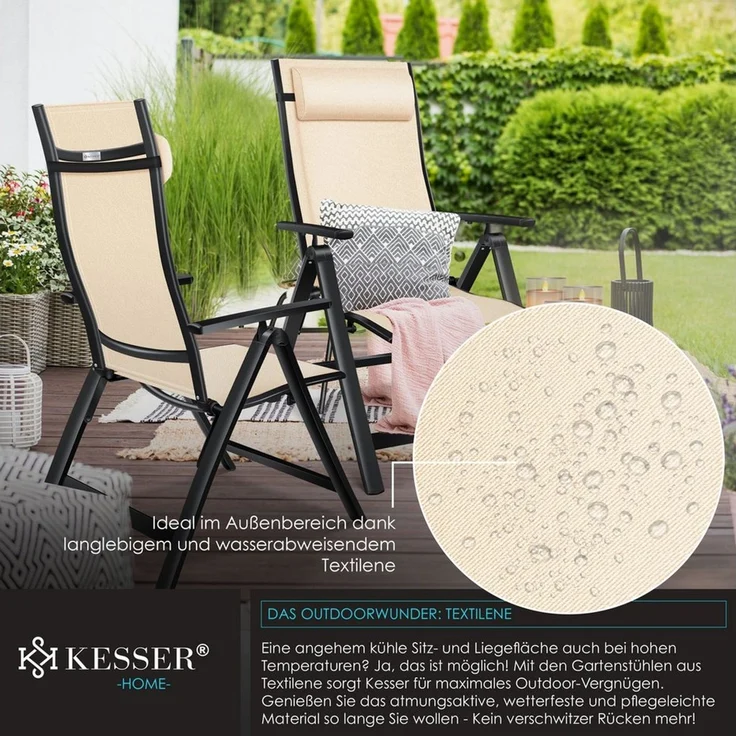 KESSER® Gartenstuhl Hochlehner mit Armlehnen | Aluminium Klappstuhl inkl. Kopfkissen Campingstuhl 7-Fach Verstellbar Rückenlehne | Atmungsaktiv & Wetterfest | Klappbar & Anti-Rutsch Beige, 1 Stück – Bild 3