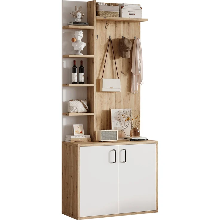 75*33*180cm Garderobenständer mit Garderobe, Schuhaufbewahrung, Flurausstattung mit Kleiderhaken, Flurschrank mit 5-lagiger Stauraumeinteilung und Stauraumschränken, Original Holzfarbe + weißes – Bild 6