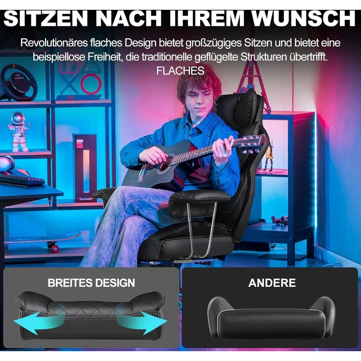 GTPLAYER Gaming Stuhl, Bürostuhl mit Taschenfeder-Lendenwirbelstütze, breiter Büro-Computersessel mit nach außen fixierten weichen Armlehnen und Fußstütze, 180KG, Leder Schwarz – Bild 4