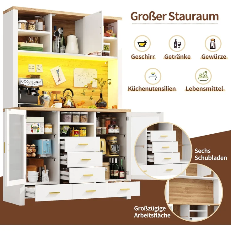 Seitenboard / Aufbewahrungsschrank / Multifunktions-Küchenschrank / Buffetschrank, 120x40x188cm, Landhausstil, 4 Türen, mit LED-Lichtleiste, 6 Schubladen & 3 Türen, Weiß mit Holzoptik – Bild 3