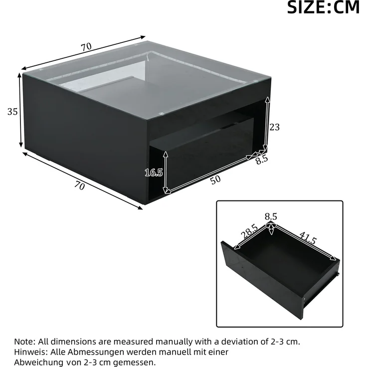 Couchtisch aus MDF und Sicherheitsglas mit LED, 70 x 70 x 35 cm, Schwarz – Bild 5