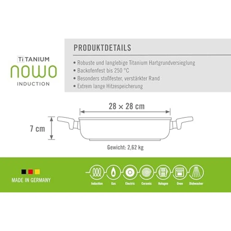 WOLL Servierpfanne Titanium Nowo Universal‑Pfanne 28 × 28 cm (~6 l), Titan‑Hartversiegelung, Aluminium‑Titanium‑Guss, alle Herdarten inkl. Induktion, spülmaschinen‑ & backofenfest bis 250 °C, schnitt‑ & abriebfest, verstärkter Schüttrand, 2 – Bild 6