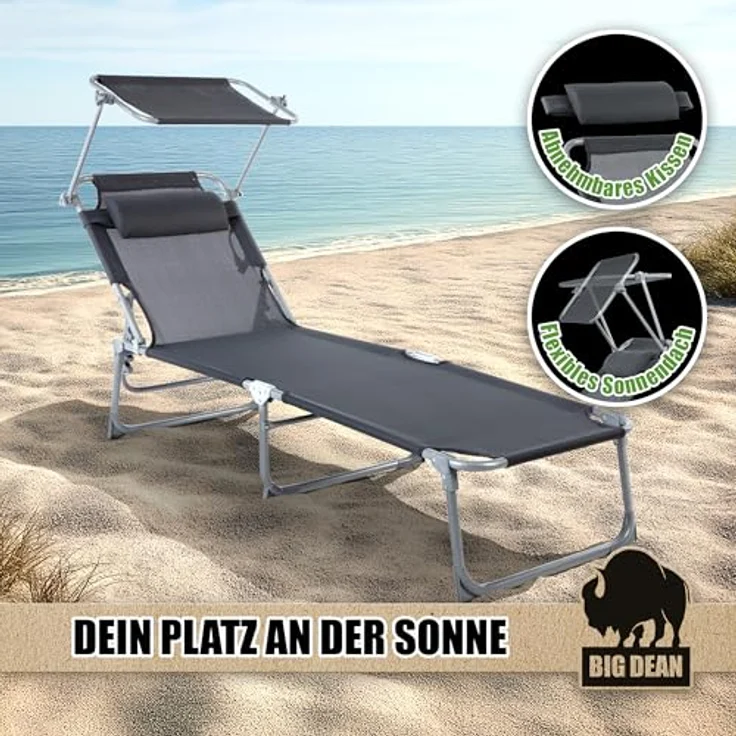 BigDean Sonnenliege klappbar mit Kopfkissen & Dach extra hoch dunkelgrau 150 kg belastbar - hochwertige Gartenliege für Balkon, Garten & Strand – Bild 4