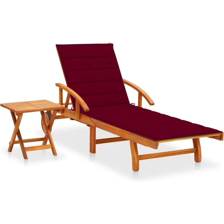 Sonnenliege, Gartenliege mit Tisch und Auflage Akazie Massivholz