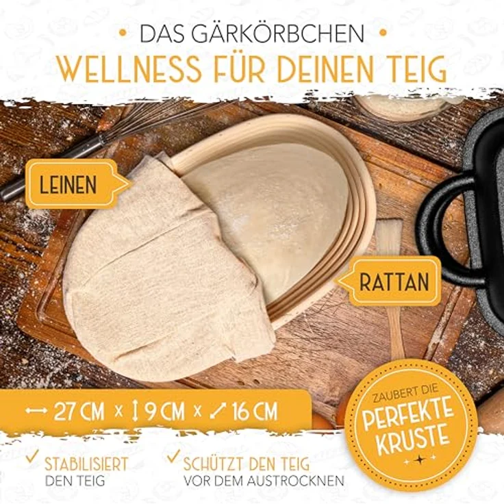 Krustenzauber Brotbackform 30cm Gusseisen Bräter mit Deckel backofengeeignet inkl. Gärkorb, (eckiger Topf Brot Backen - Ideal als Ofenform), Induktion, Brotbacktopf, Zubehör – Bild 5