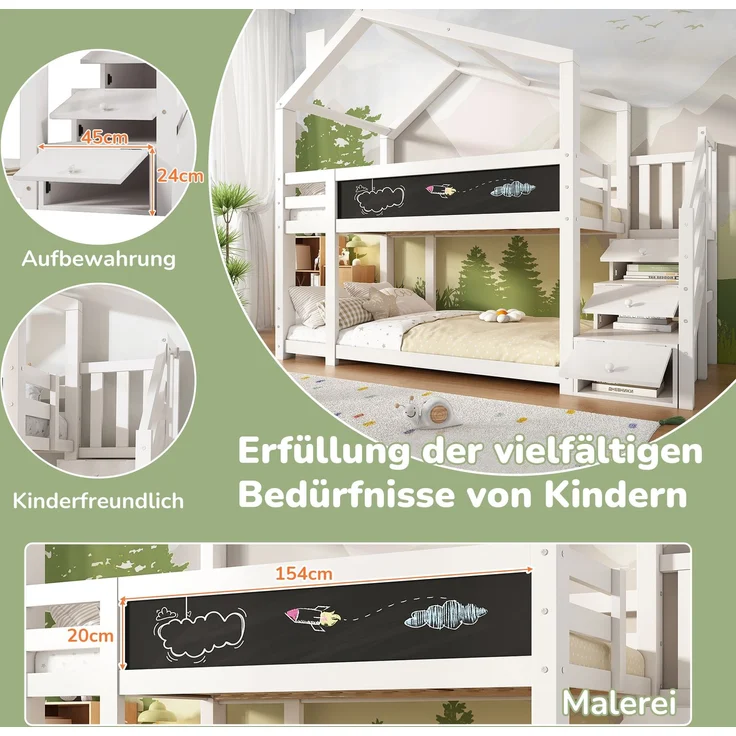Kinder Hochbett Baumhaus mit Schubladen und Wandtafel, Weiß 90×200 cm, Etagenbett mit Treppe, Massivholz – Bild 6