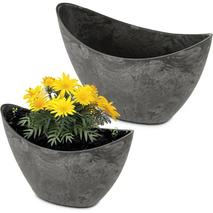 matches21 HOME & HOBBY Blumentopf Hohe Pflanzschalen oval 2er Set 20, 24 cm für draussen schwarz (2 St), Wetterfeste Vintage Blumen-Schalen als Dekoschalen Grabschmuck