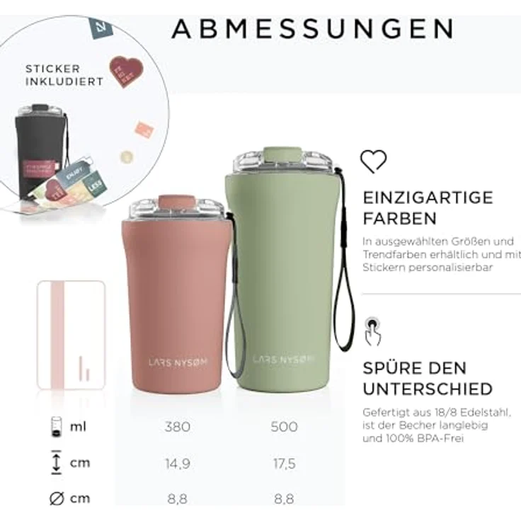 LARS NYSØM Thermo Kaffeebecher to go mit Trageschlaufe & Tritan Deckel | Travel Mug 0,38 Liter mit Isolierung | Auslaufsicherer Edelstahl Thermobecher für Café & Tee (Carbon Black, 380ml) – Bild 4