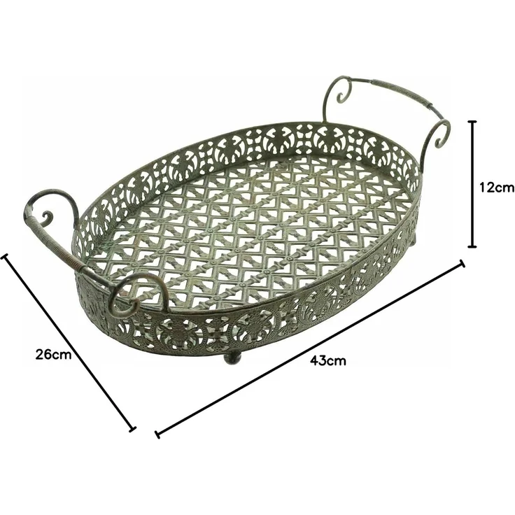Tablett "Antik" aus Metall, oval, 43x26 cm, Vintage Dekotablett in Rost Optik, Tragetablett, Tischdeko – Bild 6