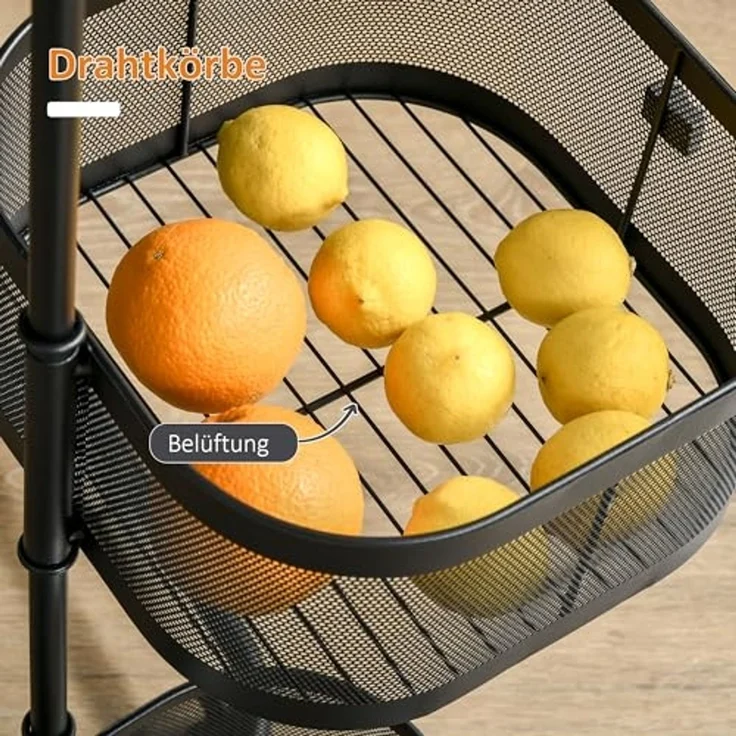 HOMCOM Servierwagen drehbar Küchenwagen mit Rollen Drahtkorb oberen Regal, (Rollwagen mit 4 Ebenen, 1 St, Küchenwagen), für Küche Büro Badezimmer, Schwarz – Bild 4