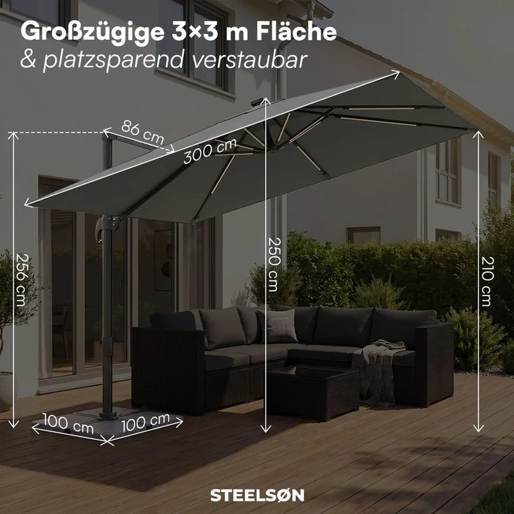 STEELSØN 'Lyrion' Sonnenschirm LED Solar 300x300 cm quadratisch, neigbar und 360-Grad drehbar, anthrazit, Ampelschirm inkl. Abdeckung, UV50+ – Bild 9