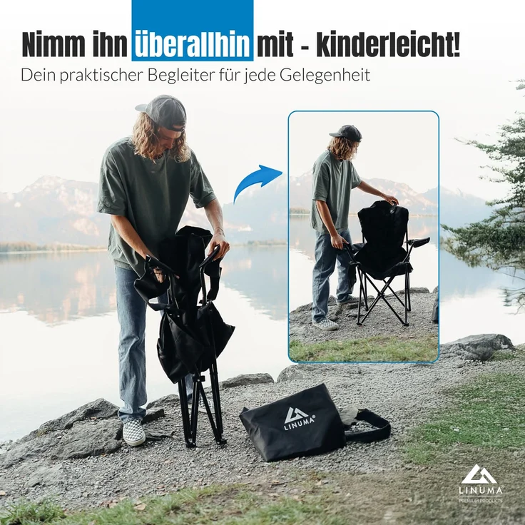 LINUMA® Luxus Faltstuhl PRO SCHWARZ Campingstuhl Anglerstuhl mit Getränkehalter & Tragetasche – Bild 6