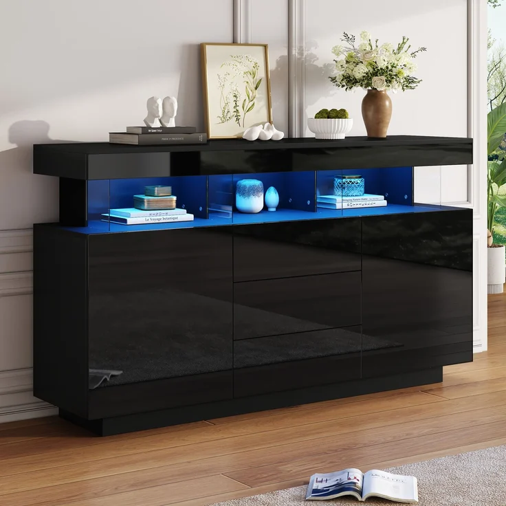 ZUBALIYA Sideboard 140x35x80 cm, mit LED-Beleuchtung, Hochglanz, aus Spanplatte, Schwarz – Bild 2