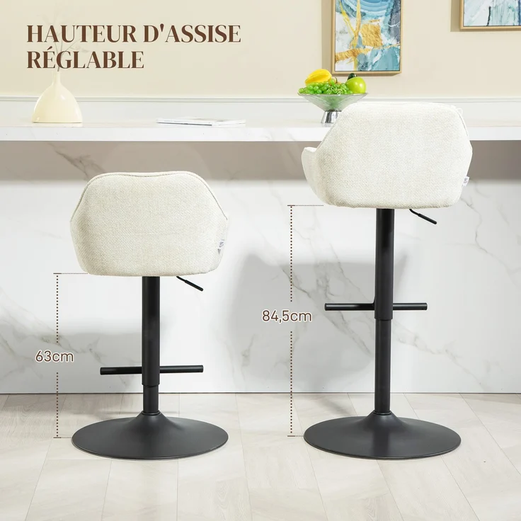 2er-Set Barhocker, höhenverstellbare Barstühle, Stoff in Leinenoptik und Stahlgestell, 52,5 x 53 x 86,5–108 cm, cremefarben – Bild 7