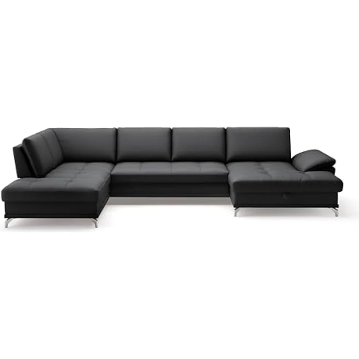 Cavadore Wohnlandschaft Castiel mit Federkern / Sofalandschaft mit großem Longchair, Sitztiefenverstellung und satinierten Metallfüßen / 363 x 89 x 223 / Echtleder, Schwarz – Bild 8