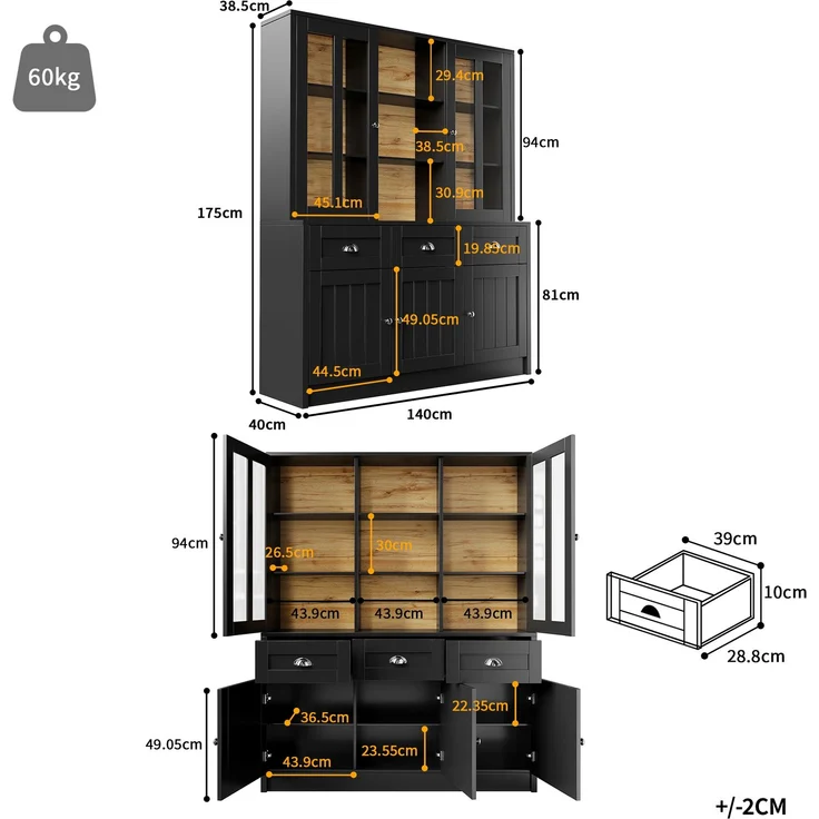 Hochschränke fürs Wohnzimmer(140×38.5×175cm), Vitrinenschrank,Küchenschrank,Esszimmerschrank mit Schubladen, Moderner Minimalistischer Hochschrank, Standvitrine für Küche Wohnzimmer Esszimmer, Schwarz – Bild 7