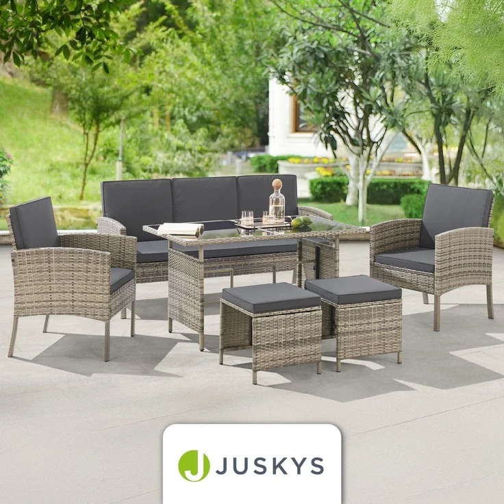 Juskys Polyrattan Gartenmöbel Sitzgruppe Turin Set 6 teilig inkl. Abdeckung - 7 Personen - Outdoor Möbel mit Sessel, Hocker, Tisch & Kissen - Garten Loungemöbel Grau-meliert – Bild 7