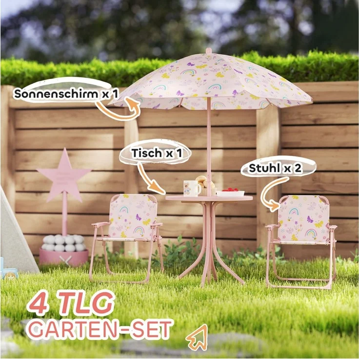 AIYAPLAY Garten-Kindersitzgruppe Kindersitzgarnitur, (mit Tisch, Klappstuhl, Sonnenschirm, 4-tlg, für Camping, 2-5 Jahre Kinder), Rosa – Bild 3