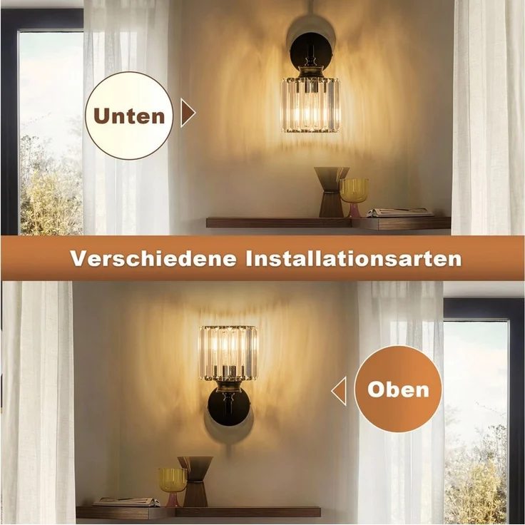 Nettlife Wandleuchte Kristall moderne Wandlampe E27 Wandbeleuchtung als Nachttischlampe, ohne Leuchtmittel, für Schlafzimmer, Wohnzimmer, Flur, Treppenhaus – Bild 3