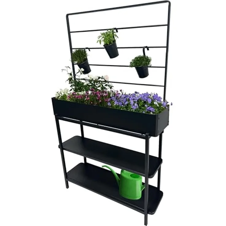 dobar® Metall-Hochbeet mit Rankgitter und 3 Hängetöpfen – Pflanzregal aus pulverbeschichtetem Stahl mit 2 Ablagen – Pflanzkasten für Balkon, Terrasse und Garten – 94 x 30 x 155 cm - Anthrazit