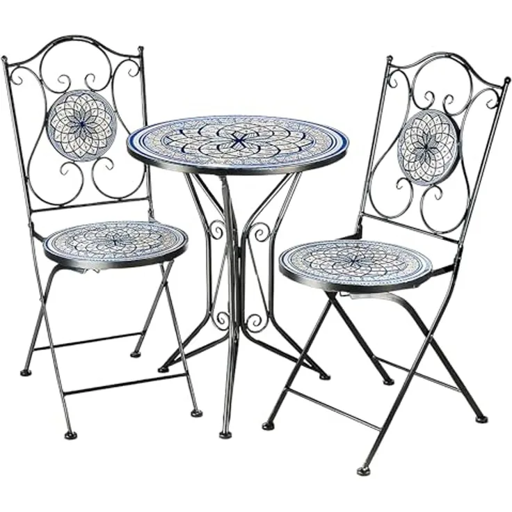 Kobolo Balkonset Sitzgruppe Gartenmöbel Tisch Stühle Metall Mosaik blau weiß, (3-tlg)