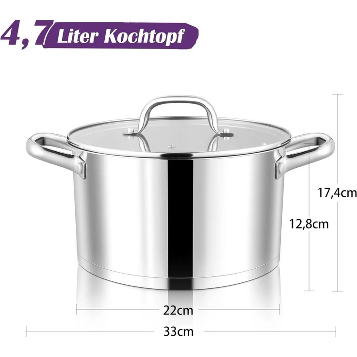 Joyfair Edelstahl Kochtopf 22cm 4,7 L mit Glasdeckel für alle Herdarten – Bild 2
