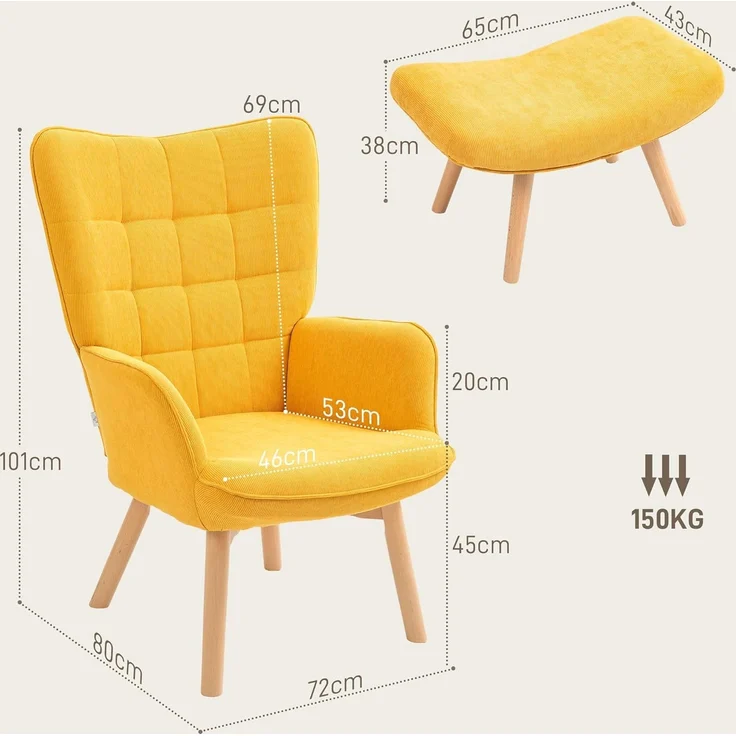 HOMCOM Relaxsessel mit Hocker, Kordoptik, Holzbeine (Ohrensessel, 2-St, Polstersessel), für Wohnzimmer, Orange – Bild 3