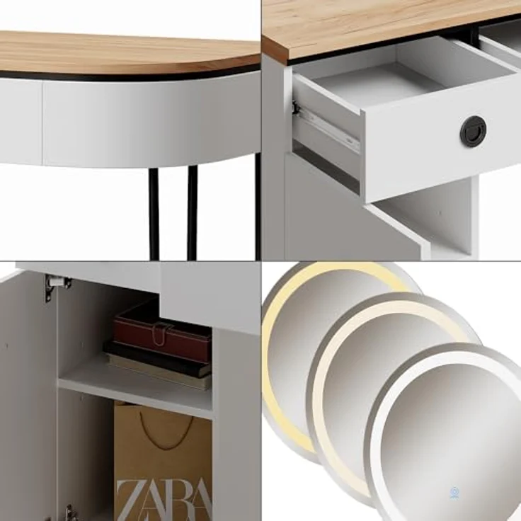 Vichy Schminktisch Mia, Weiss/Naturholz, 120 cm mit LED-Beleuchtung und grosszügigem Spiegel (55 x 55 x 77 cm) – Bild 5