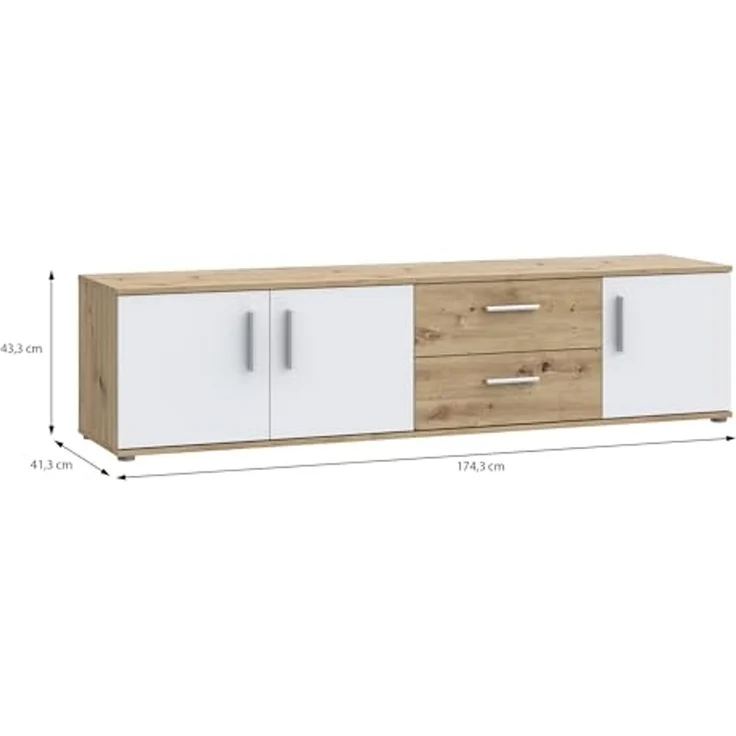 Forte IKOLI TV Schrank 180, modernes Lowboard mit 3 Türen und 2 Schubladen, Wohnzimmer, Holzwerkstoff, Weiß mit Artisan Eiche Holzdekor, 174,3 cm breit x 43,3 cm hoch x 41,3 cm tief – Bild 6