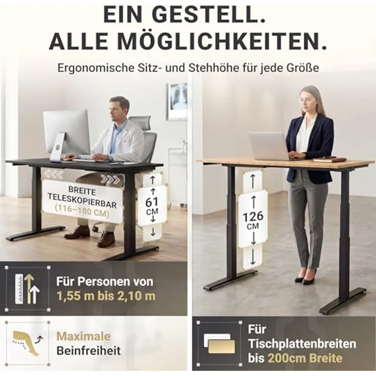 boho office® Basic Line - elektrisch stufenlos höhenverstellbarer Schreibtisch in Schwarz mit Memory-Funktion sowie einstellbaren Kollisionsschutz und Soft-Start/Stop – Bild 5