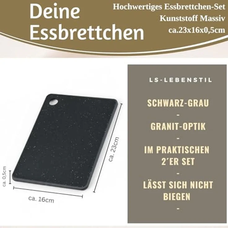 LS-LebenStil Frühstücksbrett 2x Brettchen Essbrettchen Frühstücksbrettchen 23x16cm Granit Optik, Kunststoff, (2-St, Frühstücksbretter Schneidebretter - rundes Loch zum Aufhängen), Kleines Essbrett Brettchen Vesperbrett Spülmaschinenfest – Bild 3