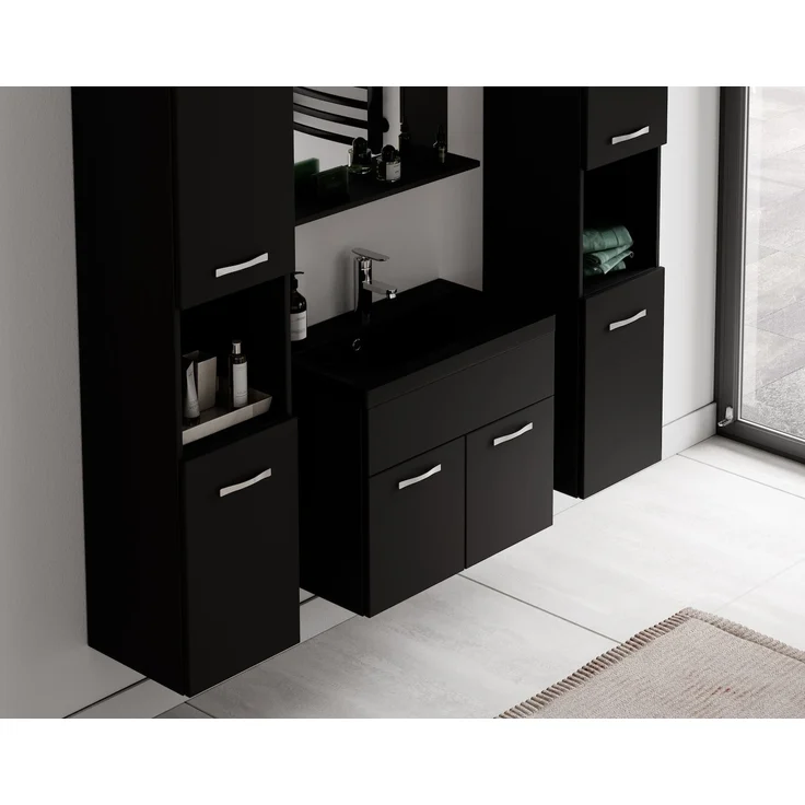 Badplaats Badmöbel Komplettset Montreal XL 60x35 cm Schwarz Matt - Badezimmermöbel mit Schwarze Waschbecken, Spiegel und 2 Badezimmerschränke – Bild 5