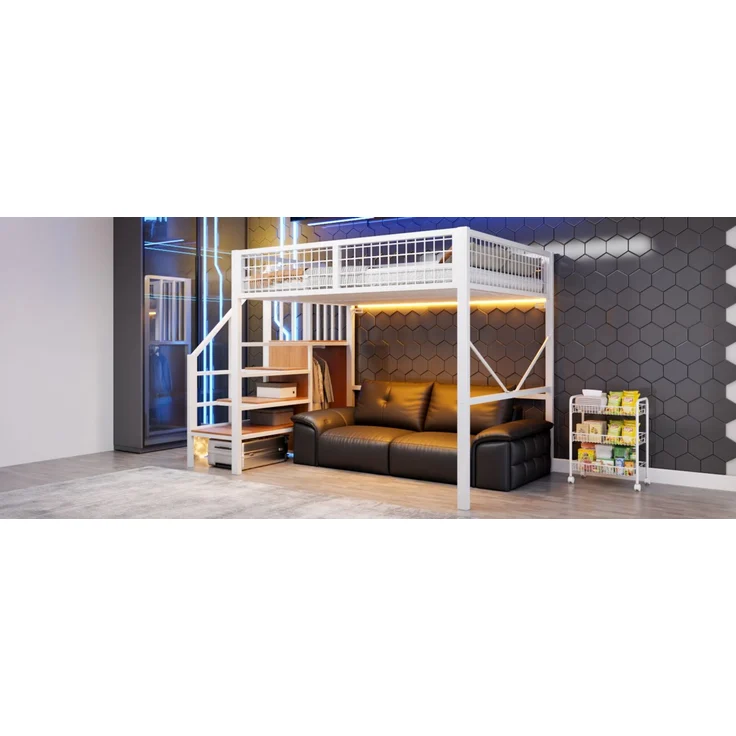 EINHOM Metall-Hochbett 140 x 200 cm, Bettgestell Inklusive Leiter und Stauraum, LED-Beleuchtung, Sicherheitsgeländer aus Metallgitter, Weiß (Ohne Matratze) – Bild 5