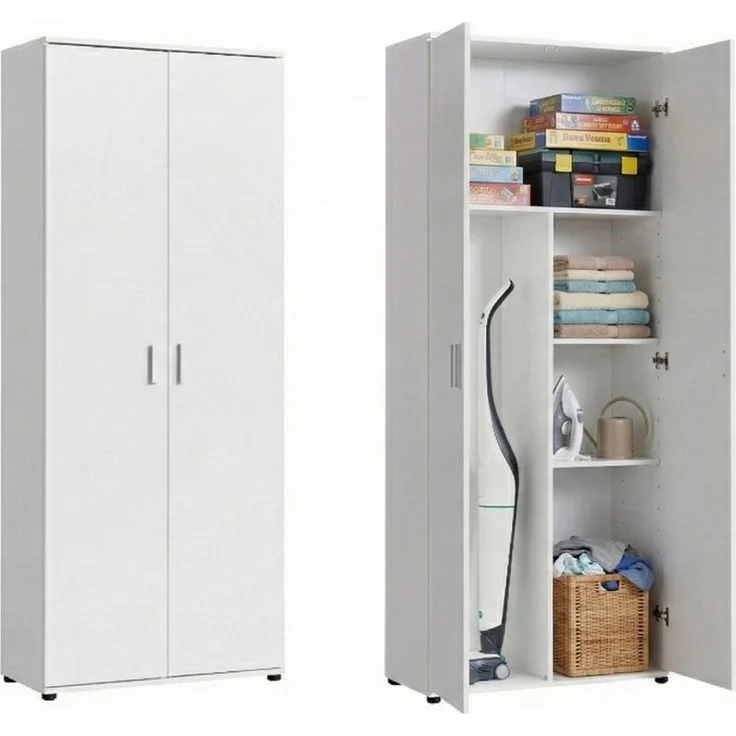 Home Collective Mehrzweckschrank 75 cm breit mit Einlegeböden 75x35x184 cm (BxTxH) Weiß mit 2 Einlegeböden und Fach für Staubsauger – Bild 5