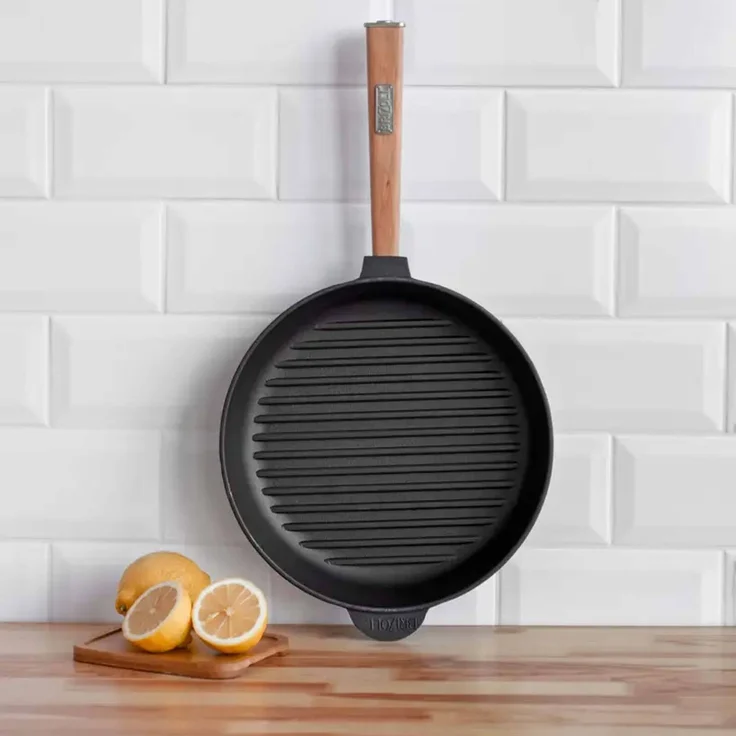 Ø26cm Grillpfanne aus Gusseisen mit Glasdeckel Induktion Holzgriff Bratpfanne Pfanne Feuerpfanne – Bild 10