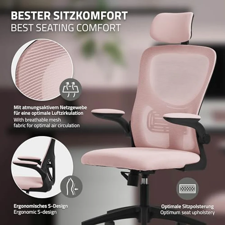 ML-DESIGN Schreibtischstuhl Pink, Ergonomischer Drehstuhl mit Netzrücken, 1-Sitzer, 60.5x121x60 cm, für das Arbeitszimmer – Bild 6