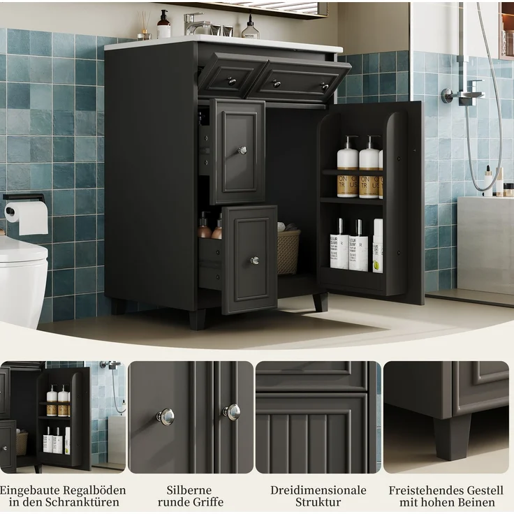 Waschtisch 61 x 47 x 87 cm mit Keramikbecken und Stauraum, Schwarz – Bild 8
