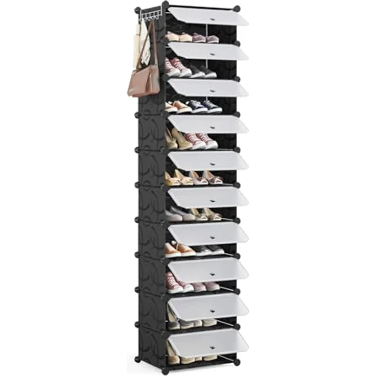 Mondeer Schuhregal, Kunststoff Schuhschrank, Modulares Schuhaufbewahrung mit Tür, Staub- und Wasserabweisend, Platzsparendes, 10 Fächer für Foyer, Schlafzimmer, Wohnzimmer, für 20 Paar Schuhe, Schwarz – Bild 2